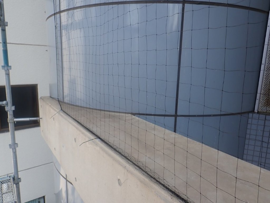 江戸川区マンションの曲面部に追従させた鳩よけネットの施工ディテール